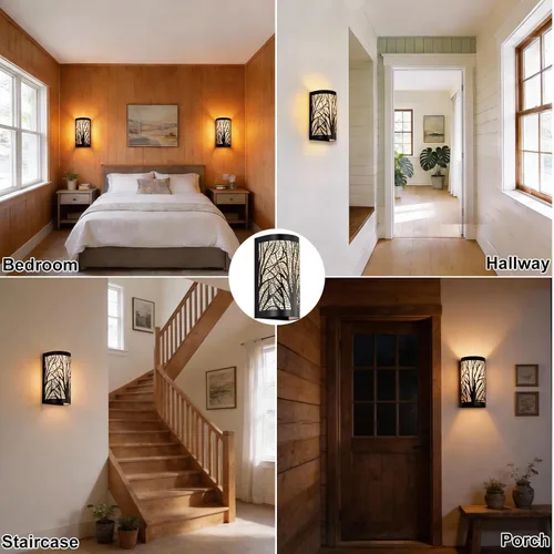 Miniatura 9 de Juego de 2 apliques de pared rústicos industriales de granja, ramas de árbol de metal con cableado, lámparas de pared vintage con pantallas