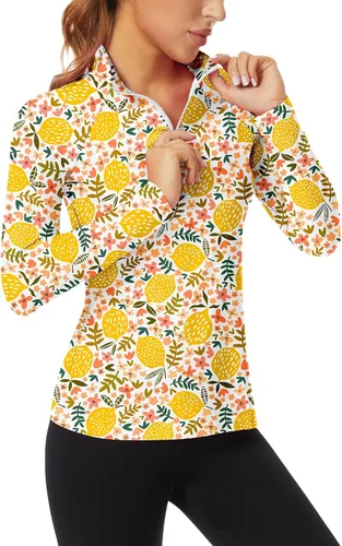 Miniatura 114 de WOWENY Camiseta deportiva de manga larga para mujer, con cremallera de un cuarto, cuello para entrenamiento, camiseta de tenis con estampado