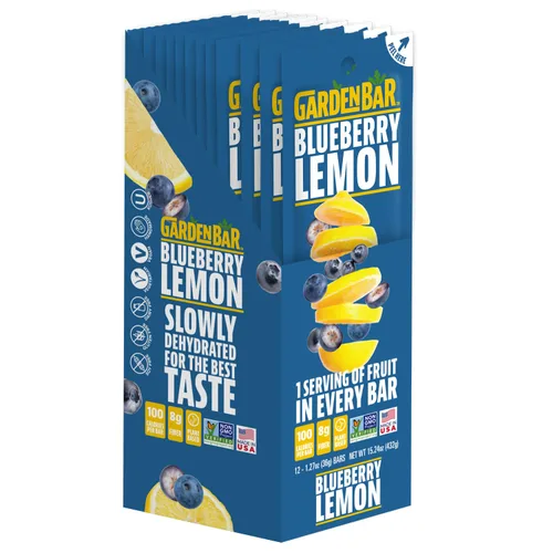Garden Bar Blueberry Lemon Fruit | Cecina de cuero de fruta natural saludable | Sin gluten, sin OMG, aperitivo alto en fibra | 12 unidades
