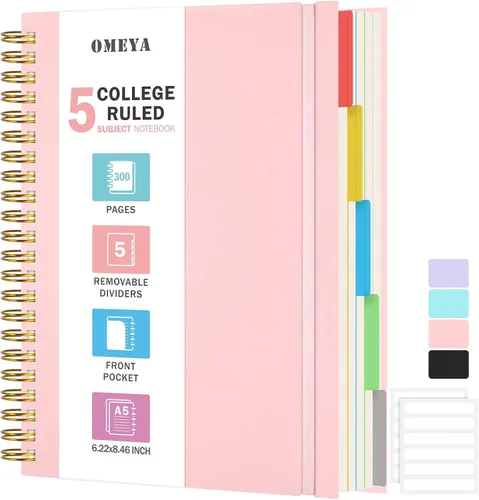 Miniatura 10 de Cuaderno de Espiral 8.5" x 11", Cuadernos de 5 Materias con Rayas Universitarias con Divisores Removibles, 300 Páginas 100GSM Diario de Escritura