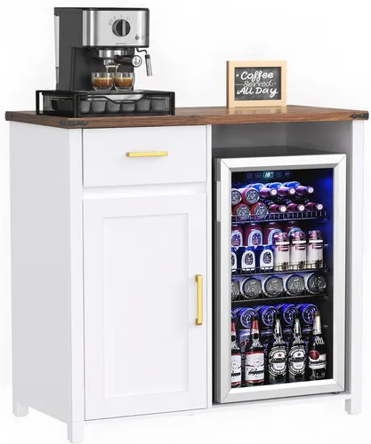 Miniatura 9 de GDLF Barra de café con espacio para mini nevera, soporte de gabinete para mini nevera, gabinete para licores y vinos para dormitorio, cocina u Blanco