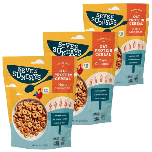 Seven Sundays Cereal de Proteína de Avena, Maple Canela, Bolsa de 8 Oz (Paquete de 3), Sin Gluten, 5g de Proteína Reciclada, 0g de Azúcar Refinado,