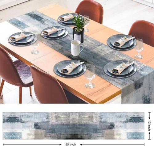 Miniatura 2 de Emvency - Camino de mesa de estilo granja, pintura de arte abstracto vintage en azul y gris para mesa de cocina, cenas familiares, fiestas, bodas