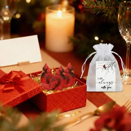 Miniatura 5 de Roowest El juego de 18 piezas de regalo conmemorativo cardenal incluye mini figuras de estatua de pájaro cardenal rojo, tarjetas de plumas rojas