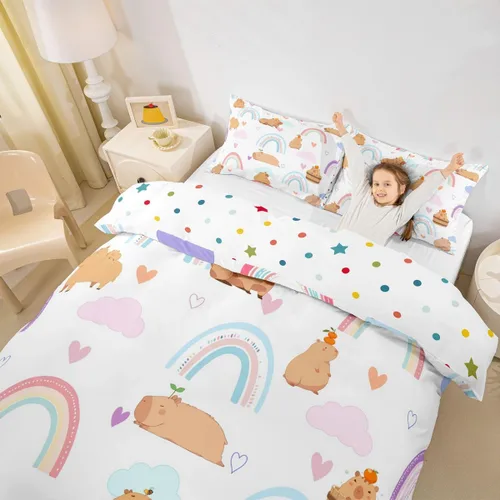 Miniatura 12 de Erosebridal Capybara - Juego de funda de edredón para dormitorio, 2 piezas, diseño de arco iris, tamaño individual, para niñas, funda de edredón