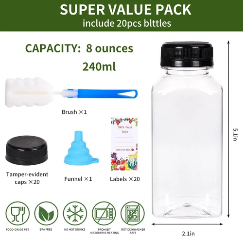 Miniatura 2 de SUPERLELE 20 botellas de plástico de 8 onzas, recipientes de jugo reutilizables con tapas para jugos, batidos, bebidas y otras bebidas