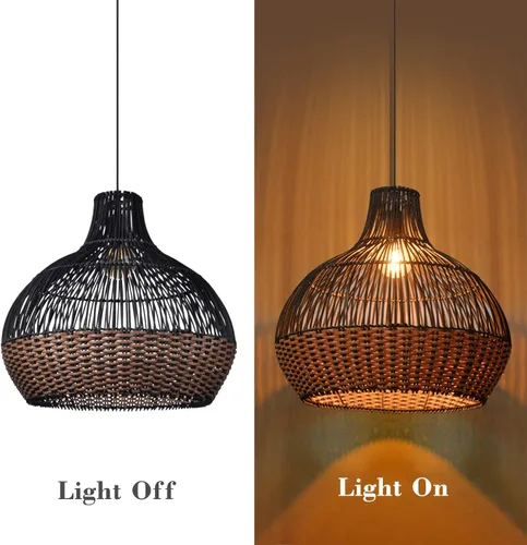 Miniatura 6 de Arturesthome Luces Colgantes de Ratán Negro, Candelabro de Mimbre Boho Accesorio de Iluminación de Cesta, Lámpara Colgante Grande de Tejido Natural
