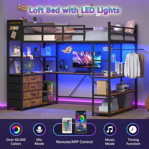 Miniatura 3 de Cama elevada de tamaño individual con almacenamiento y cabecero tapizado, estructura de cama elevada de metal con escritorio en forma de U y luces