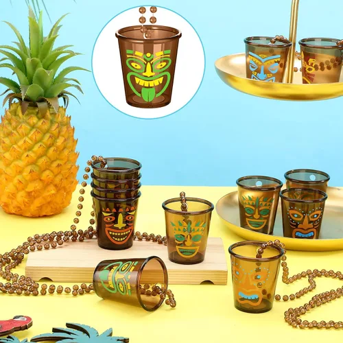 Miniatura 4 de Janmercy 12 vasos de chupito Tiki en collar de cuentas, collares hawaianos de vidrio de plástico marrón divertido Tiki Shot collar tazas para verano