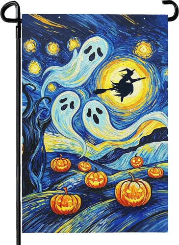 Miniatura 81 de Bandera de jardín de Halloween, bandera de jardín de calabaza Van Gogh, banderas de jardín, artes, cielo nocturno estrellado, luna, bandera