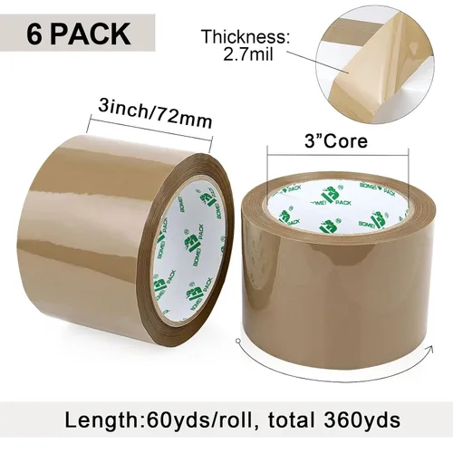 Miniatura 3 de BOMEI PACK Cinta de embalaje marrón de 3 pulgadas de ancho, repuestos de cinta de embalaje marrón resistente para cajas de mudanza, envío