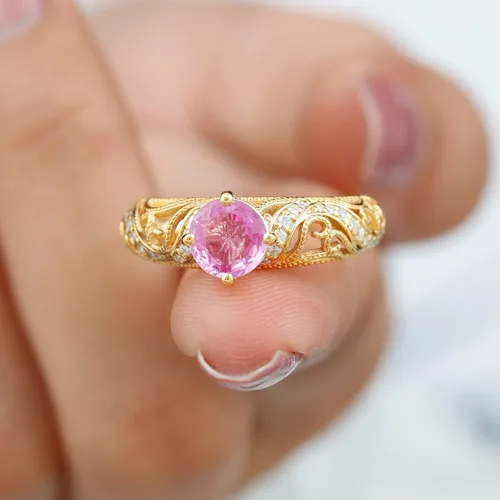 Miniatura 14 de Anillo de compromiso redondo de zafiro rosa cultivado en laboratorio certificado con diamante Calidad AAAA Anillo de estilo vintage para mujer