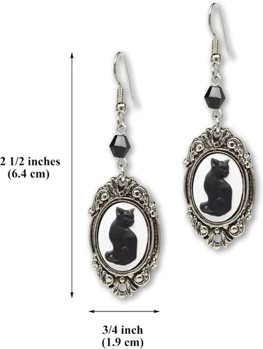 Miniatura 3 de Black Cat Camafeo En Plata Acabado Marco Cuelgan Pendientes Con Cuentas Negras, Metal