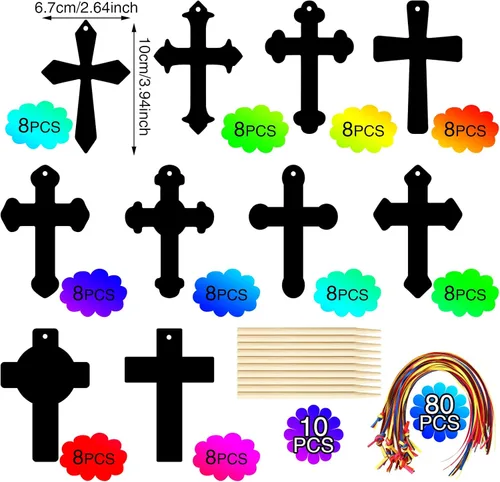 Miniatura 2 de Chivao 80 piezas de adornos de cruz para rascar, kit de manualidades de color arcoíris, papel de arte para rascar, regalos cristianos, kits