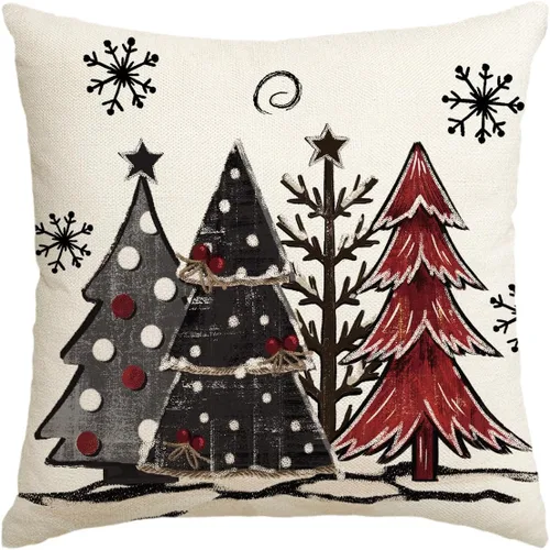 AVOIN colorlife Funda de cojín decorativo de árboles de Navidad a cuadros búfalo rojos y negros acuarela, 16 x 16 pulgadas, funda de cojín