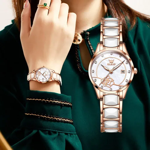 Miniatura 7 de OLEVS Relojes para mujer, oro rosa, de dos tonos, de moda, de cerámica, blanco, esfera rosa, roja, acero inoxidable, fecha impermeable