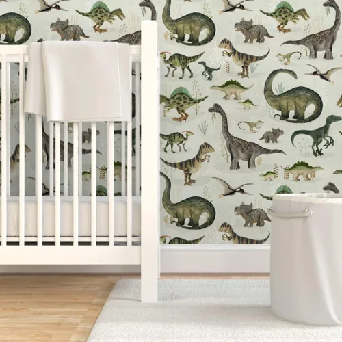 Miniatura 6 de Spoonflower Papel tapiz para despegar y pegar - Dinosaurios grandes Verde Niños Gris Animales Niños Ilustración Dino Papel pintado extraíble