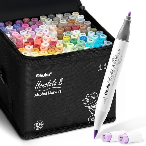 Ohuhu Marcadores de alcohol, punta de pincel, juego de marcadores artísticos a base de alcohol de doble punta de 104 colores para artistas y