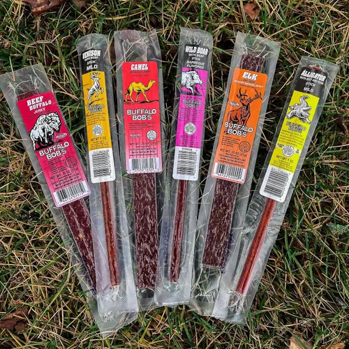 Miniatura 6 de Aperitivos de carne de caza salvaje de Buffalo Bob (paquete de 6) Muestra de carne seca exótica Juego de regalo de carne seca de res, cestas