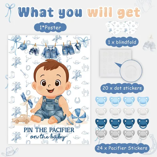 Miniatura 3 de Faccito Pin The Chupete - Juego de baby shower, decoración de fiesta de baby shower, incluye póster grande, 24 calcomanías para chupete, juego