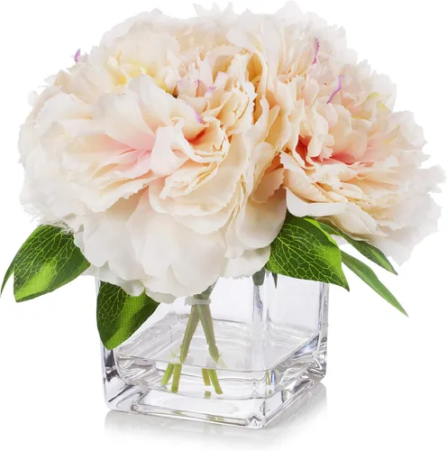 Miniatura 5 de Arreglos florales de peonía de seda en jarrón de cristal con agua sintética para decoración de mesa del hogar, mesa de boda, centro de mesa (azul)