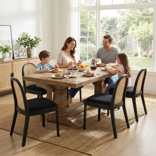 Miniatura 13 de LukeAlon Juego de 2 sillas de comedor de lino, sillas laterales de caña tejida natural con patas de madera maciza, sillas de comedor de mediados