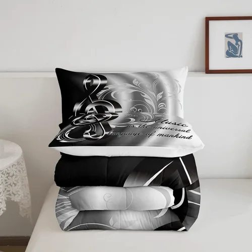 Miniatura 5 de Juego de edredón de notas musicales, tamaño individual, juego de ropa de cama para amantes del tema musical, 2 piezas, moderno, negro, blanco