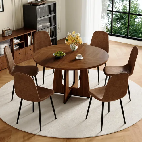 Miniatura 11 de Juego de mesa de comedor redonda de 47 pulgadas para 4, mesa de grano de madera de nogal y 4 sillas tapizadas de piel sintética negra, juego de mesa