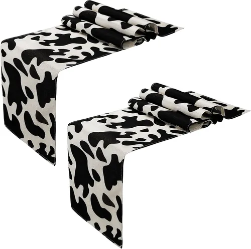 Kingdder 2 piezas de camino de mesa de lino con estampado de vaca, mantel de cuero de vaca blanco y negro para fiestas, cocina, granero occidental,