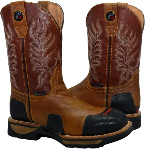 Miniatura 3 de King Welt Buffalo Tan - Botas de trabajo de cuero de alta calidad antideslizantes para hombre, puntera de acero, punta cuadrada, sin cordones