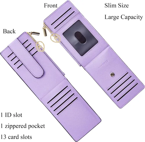Miniatura 3 de Chelmon Billetera delgada con bloqueo RFID para mujer, con bolsillo con cremallera, Púrpura claro, Minimalista