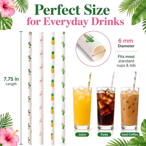 Miniatura 2 de ALINK Paquete de 100 pajitas de papel tropicales – Pajitas biodegradables de 7.75 pulgadas para fiesta de Hawaii con diseños de flamenco, piña