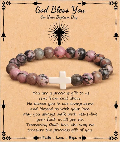 Miniatura 13 de JoycuFF Regalos Cristianos, Pulseras de Cruz para Mujeres, Joyería Cristiana Católica Religiosa de Fe de Pascua, Pulseras de Piedra Natural