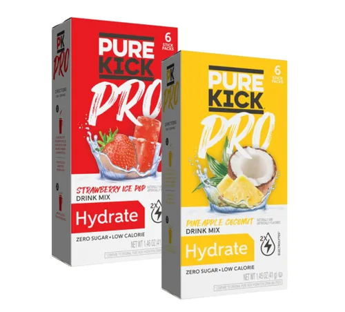 PURE KICK PRO Mezcla para bebida hidratante con electrolitos, Paleta de Piña, Coco y Fresa, 12 sobres