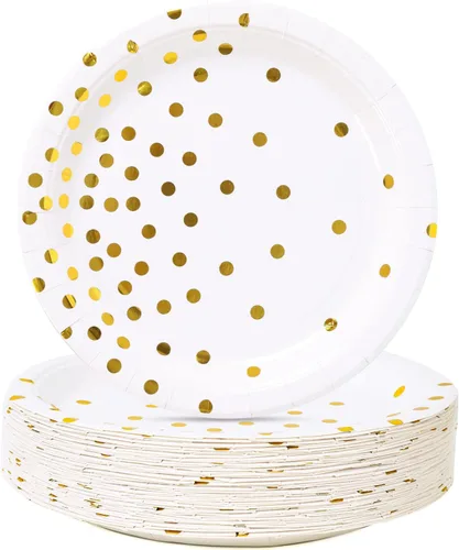 Miniatura 12 de Suministros de fiesta en blanco y oro rosa, platos de postre de papel con puntos dorados (50 unidades)