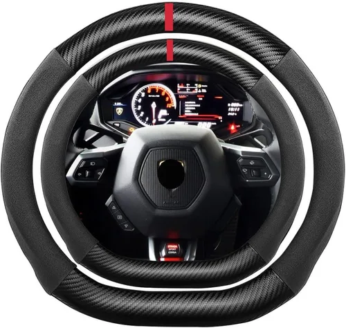 Miniatura 51 de Funda de volante de ante con fibra de carbono de K LAKEY, compatible con Porsche 718 Boxster Cayman 911 Panamera Macan Cayenne de 15 pulgadas, cuero