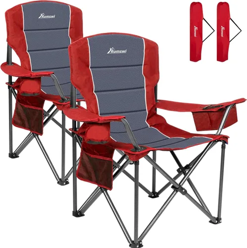 Romswi Sillas de camping de gran tamaño, soporte resistente de 500 LBS, sillas deportivas acolchadas para la espalda y los brazos, portavasos con