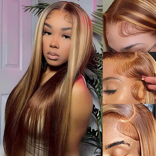 Ladoux Pelucas de cabello humano lacio con reflejos degradados de 13 x 6 pulgadas, encaje frontal transparente HD, 14 pulgadas, densidad del 180%,