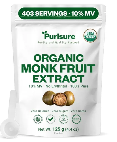 Extracto de fruta de monje orgánico en polvo, 4.41 oz (4.4 onzas), sin rellenos, edulcorante puro de extracto de fruta de monje orgánico USDA sin