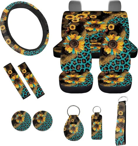 Miniatura 21 de Accesorios estéticos para automóvil, juego completo de fundas de asiento de automóvil con flores bohemias para mujeres, damas, juego de decoración