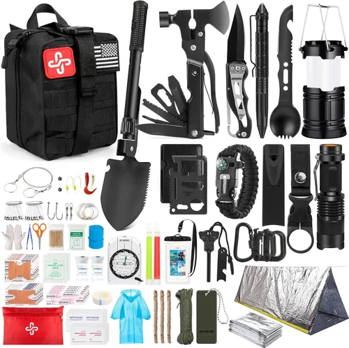 Kit de supervivencia, 250 piezas de equipo de supervivencia kit de primeros auxilios con bolsa compatible con sistema Molle y tienda de emergencia,