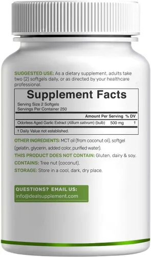 Miniatura 6 de DEAL SUPPLEMENT Píldoras de ajo envejecido sin olor, 6,000mg por porción, 500 cápsulas de gel suave – Extracto de aceite de ajo 24:1 – Fuente