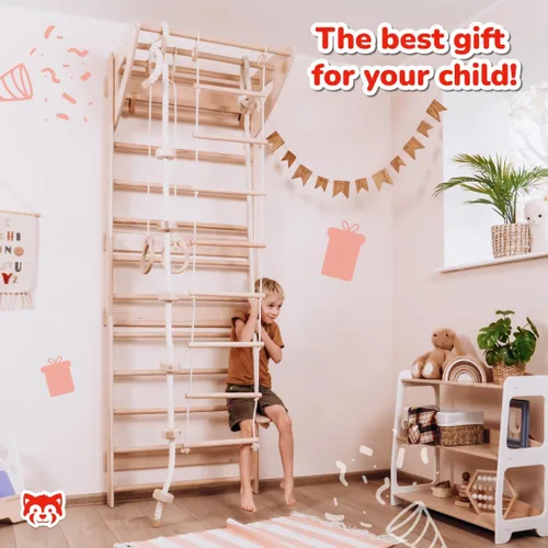 Miniatura 7 de Woodandhearts - Escalera sueca ajustable para juego activo en interiores con escalera de cuerda, anillos de gimnasia, cuerda de columpio y escalada