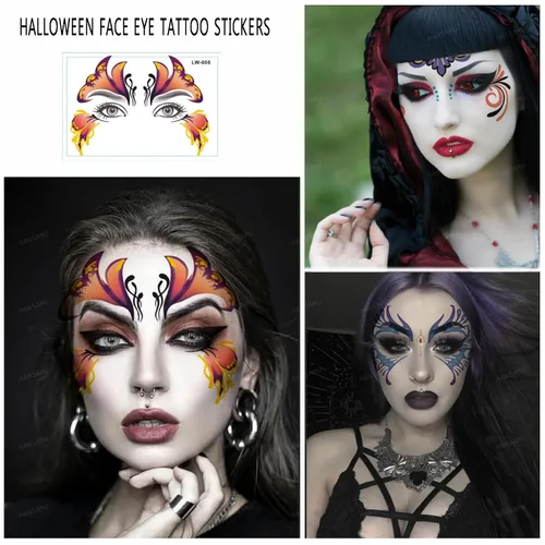 Miniatura 2 de Paquete de 9 calcomanías de maquillaje facial de ojos, impermeables, de encaje negro, tatuaje temporal para mujeres y niñas, Halloween, Navidad