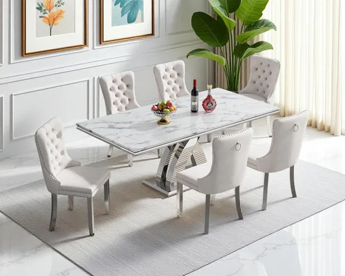 Moderno juego de mesa de comedor de mármol sintético de 68.11 pulgadas para 6, mesa de comedor de mármol blanco y plateado con 6 sillas de Blanco y