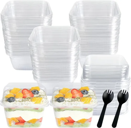 Miniatura 10 de Paquete de 100 vasos de plástico desechables apilables transparentes de 10 onzas con tapas planas, tazas de helado PET de 10.1 fl oz con tapas
