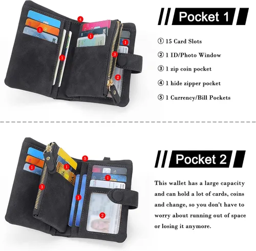 Miniatura 3 de Billeteras con bloqueo RFID para mujer, de gran capacidad, de cuero suave, cartera pequeña con correa para la muñeca, Negro -, Casual