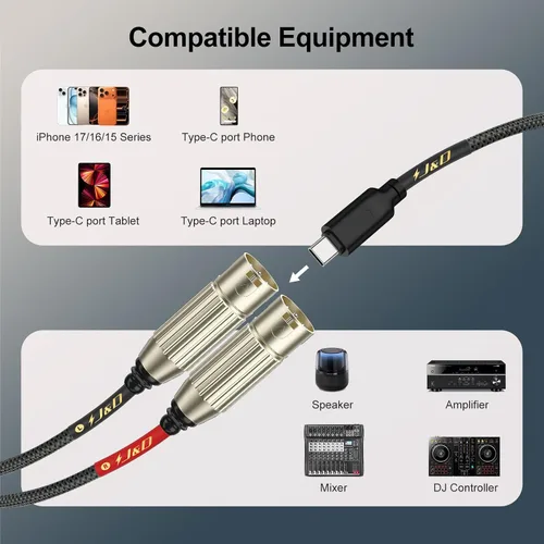 Miniatura 3 de J&D Adaptador convertidor de cable estéreo USB C a doble XLR macho para amplificador, mezclador de consola de mezcla, altavoz compatible con iPhone
