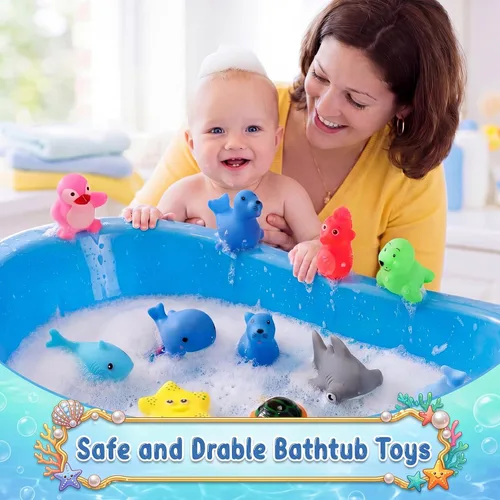 Miniatura 5 de Poen 100 juguetes de bañera de animales marinos a granel, lindos juguetes de baño de goma flotantes, animales chirriantes del océano
