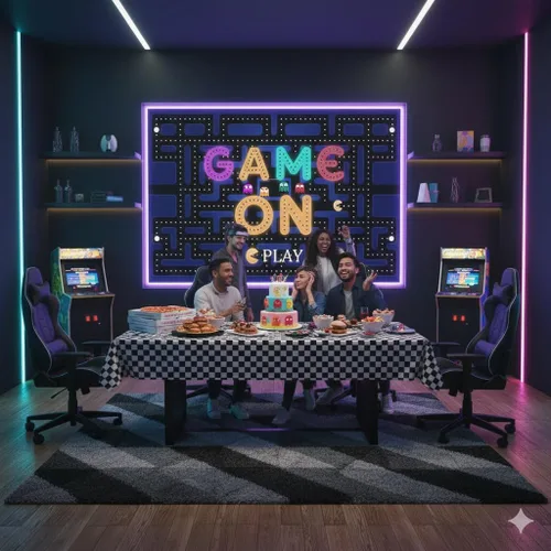 Miniatura 5 de Ticuenicoa Fondo de juego en laberinto de 5 x 3 pies, decoraciones de fiesta de videojuegos y suministros de fiesta de juegos, luces coloridas